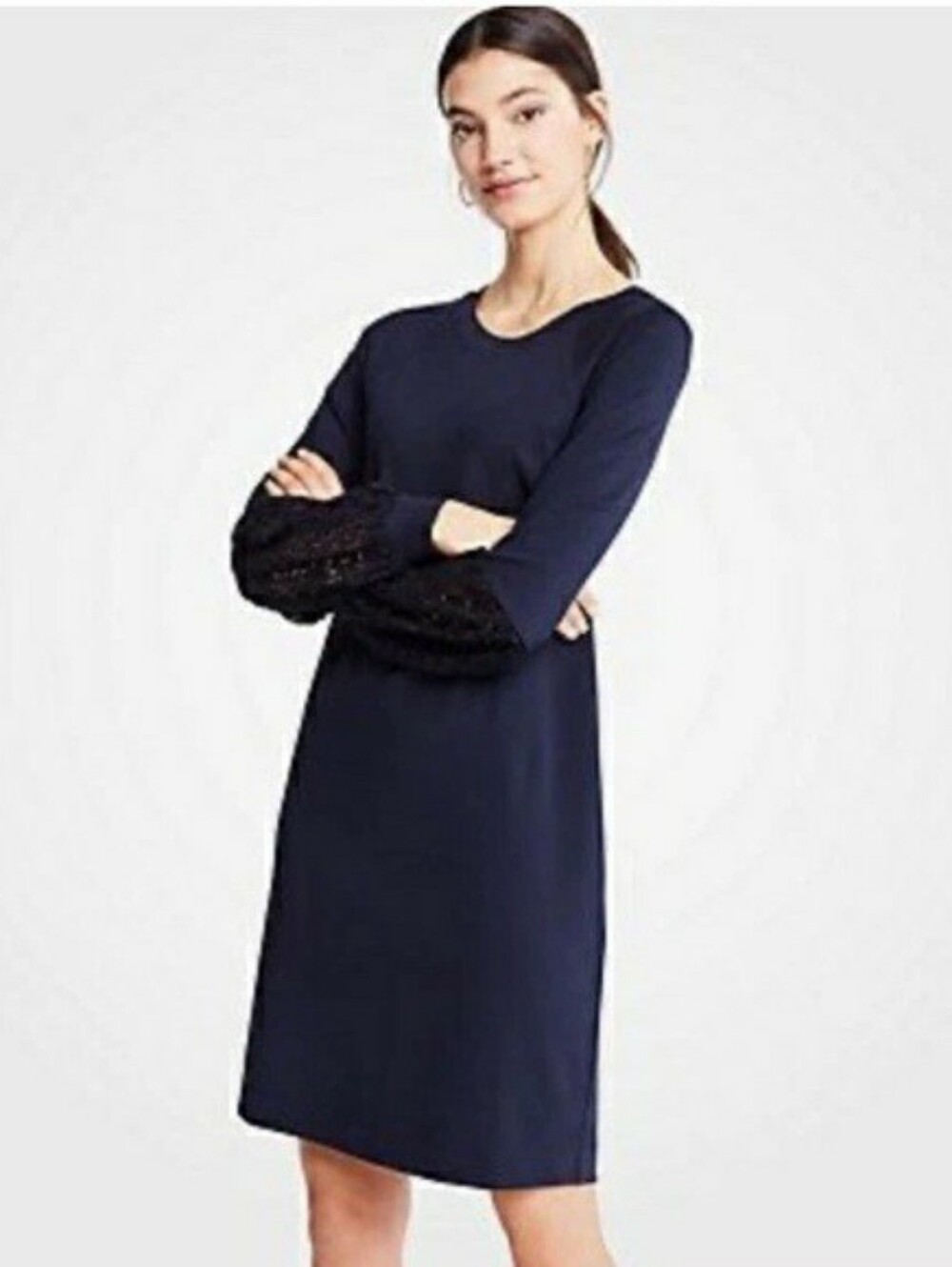 Ann Taylor Navy Blue Lace Balloon Long Sleeve Shift Career Dress Sheath Medium